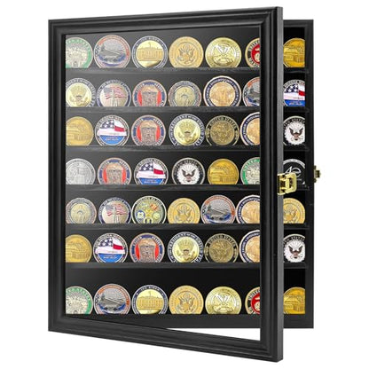 Challenge Coin Display Case, 7 Rows Lockable Military Coin Display Cabinet with UV Acrylic Door, Removable Shelves & Felt Background, Large Shadow Box - size: XL-7 Rows