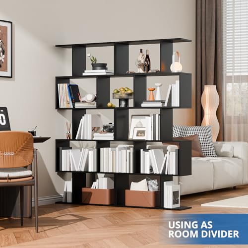 Cozy Castle Set of 2 Geometric Bookcase, S-Shaped Modern Bookshelf, Room Divider Bookshelf, 62" Tall Unique Abstract Bookcase with 5-Tier Display Shelf for Living Room Office, Black - color: Black