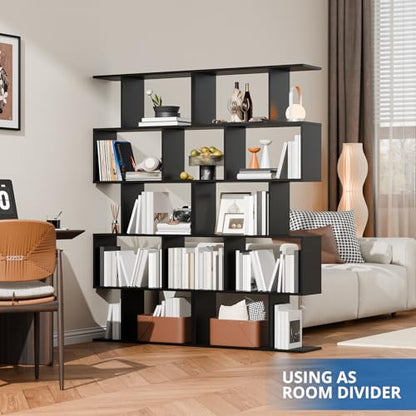 Cozy Castle Set of 2 Geometric Bookcase, S-Shaped Modern Bookshelf, Room Divider Bookshelf, 62" Tall Unique Abstract Bookcase with 5-Tier Display Shelf for Living Room Office, Black - color: Black