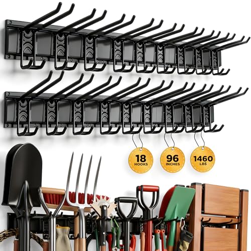 ELEAD 18-Pairs Heavy Duty Garage Tool Organizer Wall Mount Hooks, 96 Inches 1460 lbs Garden Tool Organizer with Adjustable Hooks for Garden, Yard, and Shed - color: Heavy Duty 96-Inch (18-Pairs)