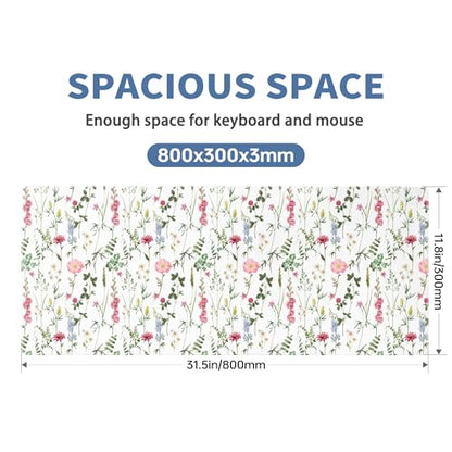 White Kawaii Flower Mouse Pad Large Desk Mat Extended Keyboard Mouse Pad Cute Mousepad with Non-Slip Base and Stitched Edge Floral Mouse Mat Desk Pad 31.5 x 11.8 Mouse Pads for Desk Home Office Gaming - color: White Wildflower