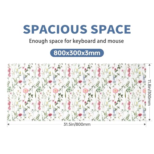 White Kawaii Flower Mouse Pad Large Desk Mat Extended Keyboard Mouse Pad Cute Mousepad with Non-Slip Base and Stitched Edge Floral Mouse Mat Desk Pad 31.5 x 11.8 Mouse Pads for Desk Home Office Gaming - color: White Wildflower