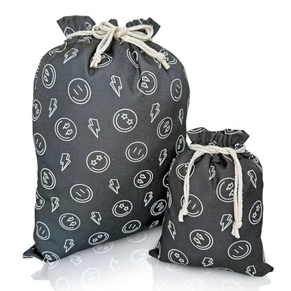 Gather & Knot Drawstring Gift Bags | 20" Large 12" Small | Premium Canvas | Reusable Fabric Wrap for Boy Birthday, Baby Shower | Happy Face - color: Happy Face
