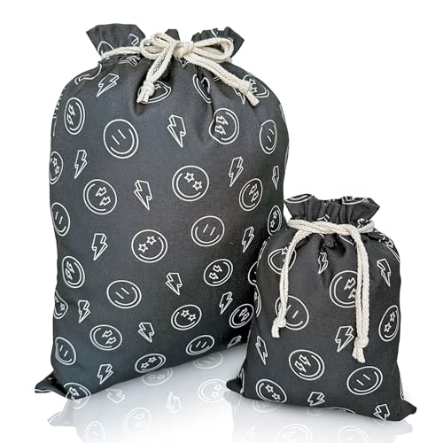 Gather & Knot Drawstring Gift Bags | 20" Large 12" Small | Premium Canvas | Reusable Fabric Wrap for Boy Birthday, Baby Shower | Happy Face - color: Happy Face