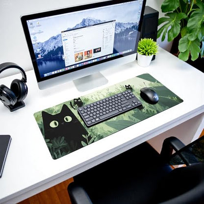 Black Cat Gaming Mouse Pad Large Desk Mat Extended Keyboard Mouse Pad Anime Mousepad with Non-Slip Base and Stitched Edge Mouse Mat Desk Pad 31.5 x 11.8 Mouse Pads for Desk Home Office Gaming - color: Black Cat