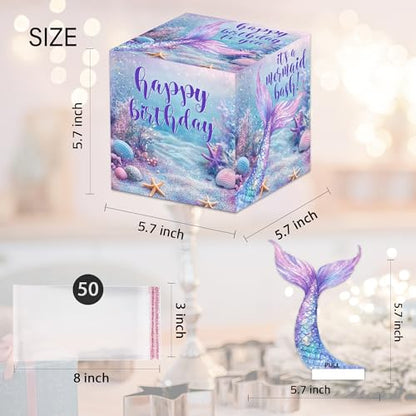 Mermaid Birthday Money Box for Cash Pull, Happy Birthday Boxes Gifts for Money Pull Out Card, 50Pcs Transparent Bags - color: Blue
