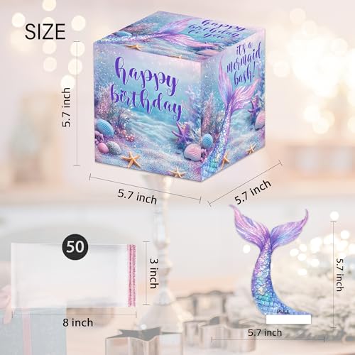 Mermaid Birthday Money Box for Cash Pull, Happy Birthday Boxes Gifts for Money Pull Out Card, 50Pcs Transparent Bags - color: Blue