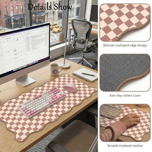 Scalloped Desk Mat Extended Large Cute Mouse Pad Big Desk Pad XXL Aesthetic Plaid Mousepad Checkered Gaming Mouse Pad for Computer Keyboard and Mouse Laptop Home Office 35.4X15.7Inches Brown Khaki - color: Brown, size: 35.4" x 15.7"