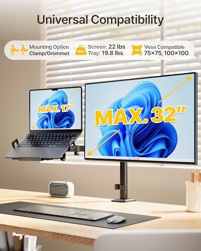 monTEK 2-in-1 Monitor Mount and Laptop Stand for Desk, Ergonomic Height Adjustable Monitor Arm Fits up to 32-Inch Screen and 17-Inch Notebook, Holds up to 22 lbs, C-Clamp and Grommet
