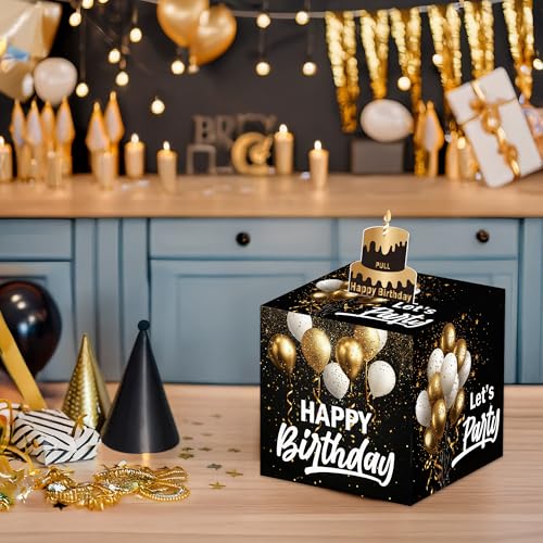 White Gold Birthday Money Box for Cash Pull, Happy Birthday Boxes Gifts for Money Pull Out Card, 50Pcs Transparent Bags - color: Gold
