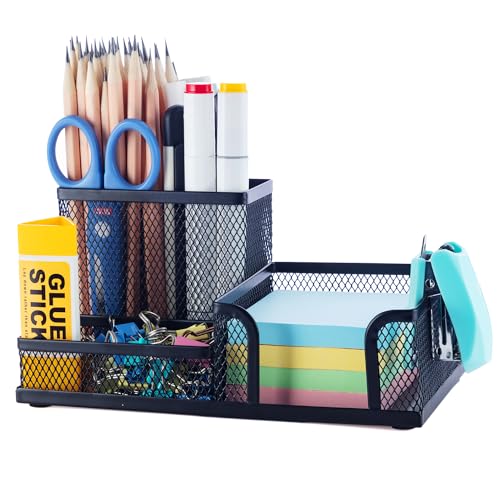 M&G Mesh Pen Holder Desk Organizers Pencil Holder for Desk Black, 3 Compartments Metal Office Supply Organizer with Sticky Notes Holder for School Home Office - color: Black