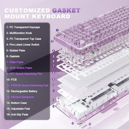YUNZII X98 QMK/VIA Wireless Mechanical Gaming Keyboard with Knob,Tri-Mode BT5.0/USB-C/2.4GHz Hot Swappable Keyboard,Pre-lubed Switches Gasket Mount RGB Backlit for Wins/Mac (Purple, Crystal Switch) - color: Purple, size: Crystal Switch