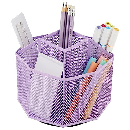 Annova Mesh Desk Organizer Rotate with 5 Compartments Spinning Tidy Candy/Pen Holder Office, Art Supply, Storage, Classroom, Home (Light Purple) - color: Light Purple