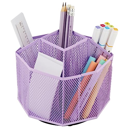 Annova Mesh Desk Organizer Rotate with 5 Compartments Spinning Tidy Candy/Pen Holder Office, Art Supply, Storage, Classroom, Home (Light Purple) - color: Light Purple
