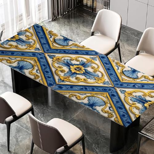 Vintage Blue Yellow Tile Pattern Desk Sticker, Mediterranean Floral Desktop Decor, Waterproof Table Surface Protector for Home Office, 39.37x23.62 Inch - color: Colorful221