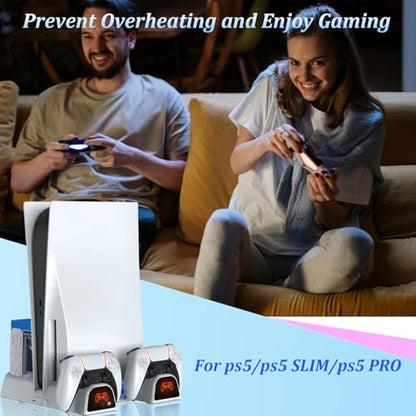 Cooling Station for PS5/Slim/Pro/Disc&Digital, White Cooling Stand with Dual PS5 Controller Charging Station, 3 Levels Cooling Fan, Multi-Function PS5 Accessories Slot and USB Hub