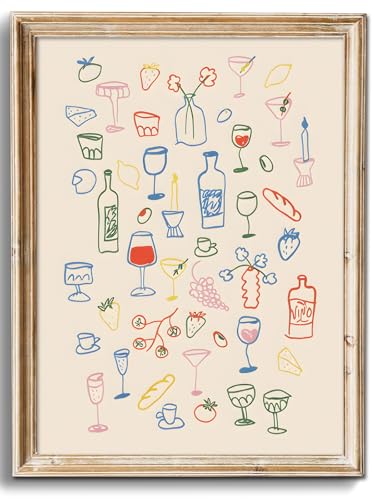 Uniro Vintage Kitchen Wall Art Print, Retro Dinner Table Prints Canvas Painting, Minimalist Food and Drinks Illustrations Poster, Maximalist Kitchen Gallery Wall Art for Apartment Decor, Bar Cart Art Print Decor - 8"x10" - color: Dinner