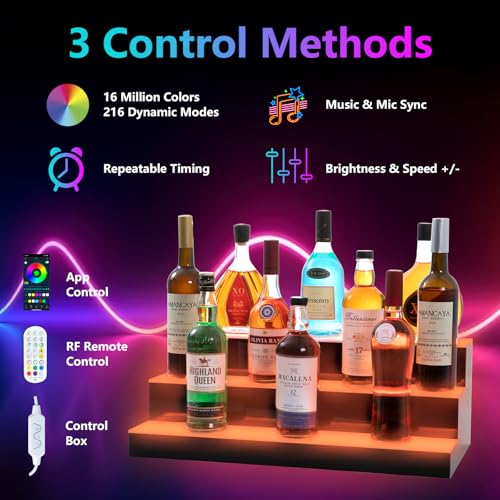 Led Lighted Liquor Bottle Display Shelf, 24 Inch 3 Tier Whiskey Rack, Support USB, Bar Stand with RF Remote & App Control, Illuminated Acrylic Lighting Shelves for 21 Bottles, Home Bar, Party - size: 24" 3 step