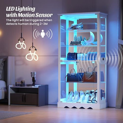 Dystler Display Cabinet with RGB LED Lights & Glass Doors, 5-Tier, White | Human Sensor Lighting, Flexible Storage with Adjustable Shelves, Modern Design Curio Cabinet - color: Pure White