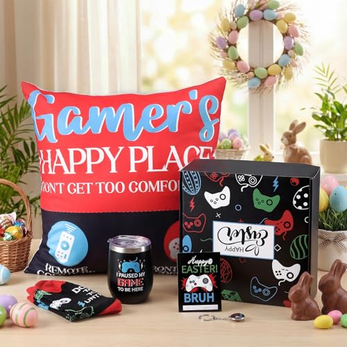 Patelai 6 Pcs Easter Basket Stuffers Gamer Easter Stuffer Gifts Set for Men Boyfriend Dad Brother Included Tumbler, Blessings Cards, Video Game Keychain, Pillow Covers, Socks, Gift Box for Game Lover