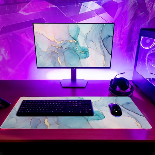 Teal Marble Extended Mouse Pad 31.5x11.8 Inch Turquoise Desk Marble Mousepad Extended Large Non-Slip Rubber Base Waterproof Big Keyboard Mat with Stitched Edges for Gaming and Office - color: Marble