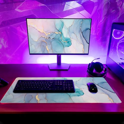 Teal Marble Extended Mouse Pad 31.5x11.8 Inch Turquoise Desk Marble Mousepad Extended Large Non-Slip Rubber Base Waterproof Big Keyboard Mat with Stitched Edges for Gaming and Office - color: Marble