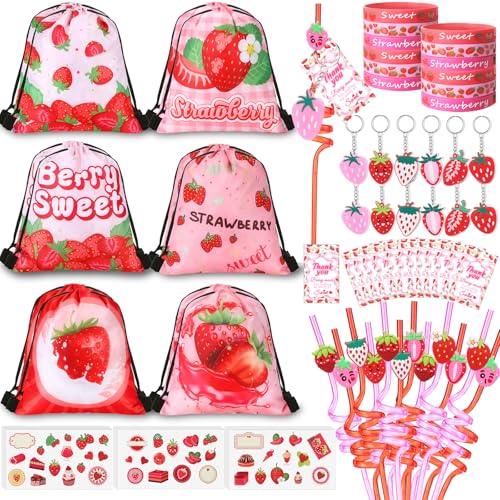 LemonRoad 73 Pcs Strawberry Party Favors Set Birthday Supplies Includes Drawstring Bags Backpack Keychains Bracelets Stickers Straws Tags for Birthday Party Favors Rewards Gifts - style: Strawberry