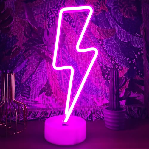 Lightning Bolt Neon Sign Purple With Base for Bedroom, USB/Battery Thunder Lamp Night Light, LED Shaped Decor for Desk Table Game Room Man Cave - color: Purple