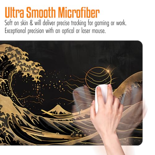 VNDL Large Japanese Black and Gold Gaming Mouse Pad, Sea Waves, Premium Non-Slip Anime Desk Pad for Office, Extended XL XXL Mouse Mat and Laptop Pad, Waterproof and Stiched Edges 31.5 x 15.7 in (wg2) - color: wg2