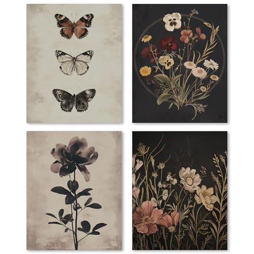 FGFK Dark Cottagecore Butterfly Floral Plant Wall Art Prints Set of 4, Moody Vintage Moth Botanical Wildflower Posters Pictures Wall Decor for Home Bedroom Living Room, 8x10 Unframed - color: Butterfly Floral