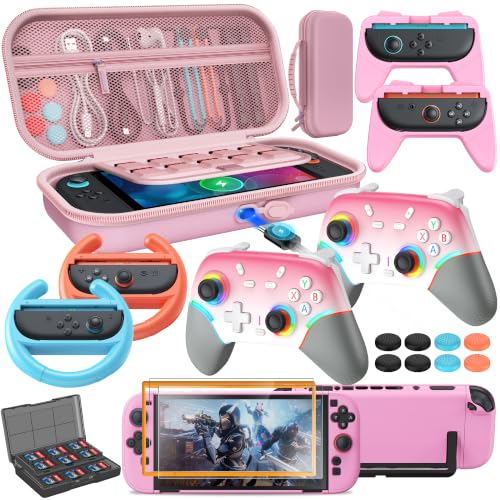 Switch 2 Case Pink and Pro Style Controllers Accessories Girly, Bundle for Nintendo Switch 2 Console,FYOUNG 23 IN 1 Kit:Carrying Case,Protective Shell,Grip for Joycon,Steering Wheel - color: Pink (2*controller)