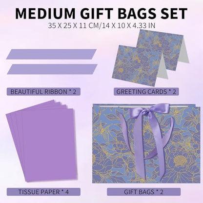 woric 2 Pcs Purple Gift Bag with Handle, 13.7" Birthday Gift Bags for Women | Floral Designs, Ribbon Handle, 4 Tissue Paper & 2 Greeting Cards, Women Birthday, Anniversary, Wedding Bridal Showers - color: Purple