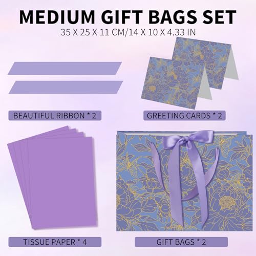 woric 2 Pcs Purple Gift Bag with Handle, 13.7" Birthday Gift Bags for Women | Floral Designs, Ribbon Handle, 4 Tissue Paper & 2 Greeting Cards, Women Birthday, Anniversary, Wedding Bridal Showers - color: Purple