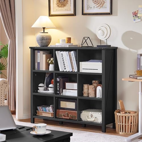 Joaxswe 9 Cube Bookcase, Farmhouse 47 Inch Wide Black Bookshelf, Wooden 3 Tier Display Large Open Book Shelf, Vintage Horizontal Book Case for Home Office, Cubby Storage Cabinet for Living Room - color: Black, size: 9 Cube (13.6 "D x 47.24 "W x 42.2"H)