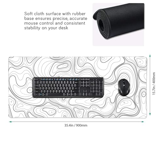 Large Gaming Mouse Pad White Topographic Contour Mouse Pad with Stitched Edges & Nonslip Rubber Base Extended XXL Long Mousepad Big Desk Mat for Company Office Work, 35.4 x 15.7 in - color: White Topographic, size: 35.4" x 15.7"