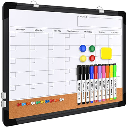 Monthly Calendar Whiteboard for Wall, 17x13 Inches Dry Erase Board with Cork Board Combo, Small Magnetic White Board, Double-Sided Hanging Portable Board for Office School Home Kitchen Planner, Black - style: Whiteboard 17x13 Black