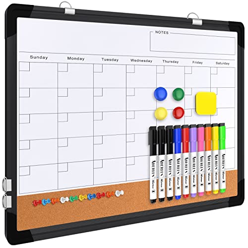 Monthly Calendar Whiteboard for Wall, 17x13 Inches Dry Erase Board with Cork Board Combo, Small Magnetic White Board, Double-Sided Hanging Portable Board for Office School Home Kitchen Planner, Black - style: Whiteboard 17x13 Black