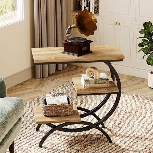 Tribesigns C-Shaped End Table, 3-Tier Industrial Sofa Side Table with Curved Metal Frame for Living Room, Bedroom, Couch, Small Space, Light Brown - color: Light Brown