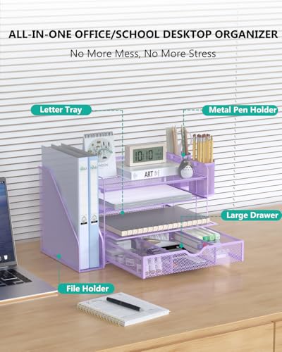 WALI Desk File Organizer, 4 Tier Desktop Paper Letter Tray Organizer with Drawer and 2 Pen Holders, Office Desk Accessories & Workspace Organizers for Office, Home Supplies(DO005DH-V), 1 Pack, Purple - color: Purple, size: 4-Tier