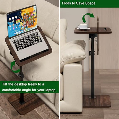 Side Table Sofa Tray for Couch - 360° Swivel Adjustable Height Rotating Sofa Table C Table End Table Laptop Desk with Phone & Tablet Slot, Perfect for Eating Working Reading, Fits Small Spaces - color: Brown