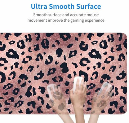 Gaming Large Mouse Pad with Stitched Edges, Desk Mat, Extended Keyboard Pad, Non-Slip Rubber Base Desk Pad for Keyboard and Mouse, 31.5X11.8 inch, Rose Gold Leopard Patter - color: Rose Gold Leopard Patter, size: 31.5L x 11.8W inches