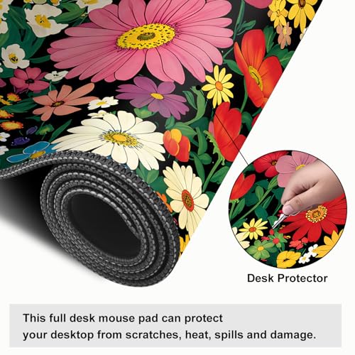 Mouse Pad, Large Anti-Slip with Stitched Edges Desk Mat Desktop Laptop Computer Desk Keyboard Mat,Table Protector Blotter Mat (Flower, 35.4" x 15.7") - color: Flower, size: 35.4" x 15.7"