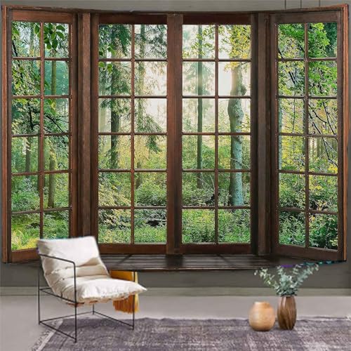 Aidatain Green Forest Natural Tapestry Window Scenery Wall Aesthetic Tapestry for Bedroom Flannel 90" L x 84" W Beach Blanket Living Dinning Room College Dorm Wall Hanging GTDJAT0092 - size: 90"L x 84"W