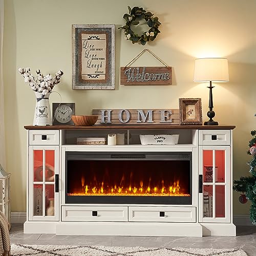 RedLemon Farmhouse Fireplace TV Stand for 80 Inch TV, 36" Tall Entertainment Center with 42" Crystal Eletric Fireplace, Modern Media Console Table with LED Lights for Living Room, Antique White - color: Antique White