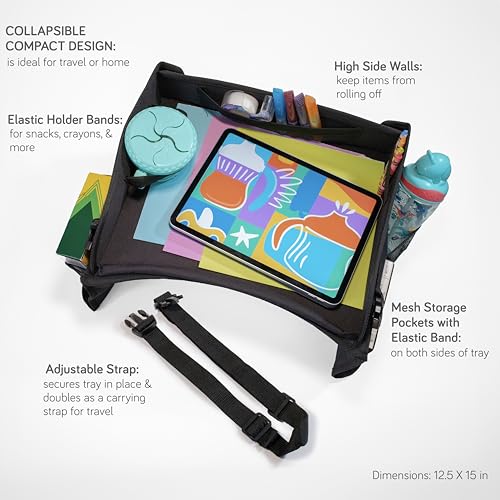 Nuby Kids Foldable Lightweight Travel Activity Lap Desk Tray with Pockets|Stay Organized & Mess Free on Car Rides, Plane Trips, Home|Adjustable Strap Keeps Desk Secure or Carry Strap for Travel|Black
