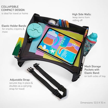 Nuby Kids Foldable Lightweight Travel Activity Lap Desk Tray with Pockets|Stay Organized & Mess Free on Car Rides, Plane Trips, Home|Adjustable Strap Keeps Desk Secure or Carry Strap for Travel|Black