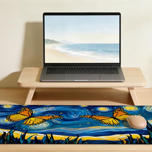Starry Night Butterflies Gaming Mouse Pad Large Desk Mat Extended Keyboard Anime Mousepad with Non-Slip Base and Stitched Edge for Desk Home Office Gaming,35.4 x 15.7 Inch - color: Starry Night Butterflies, size: 15.7*35.4inch