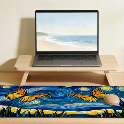 Starry Night Butterflies Gaming Mouse Pad Large Desk Mat Extended Keyboard Anime Mousepad with Non-Slip Base and Stitched Edge for Desk Home Office Gaming,35.4 x 15.7 Inch - color: Starry Night Butterflies, size: 15.7*35.4inch