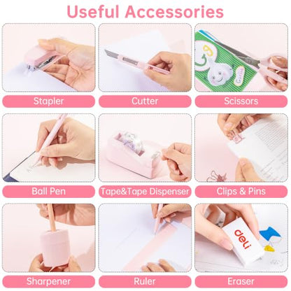 deli Office Supplies Set, Pink Desk Accessory Organizer Kit, Stapler Set, Rotating Multi-Functional Pen Holder, Tape Dispenser, Pens, Binder Clips, Sharpener, Scissor, Eraser, Pink Office Supplies - color: Pink