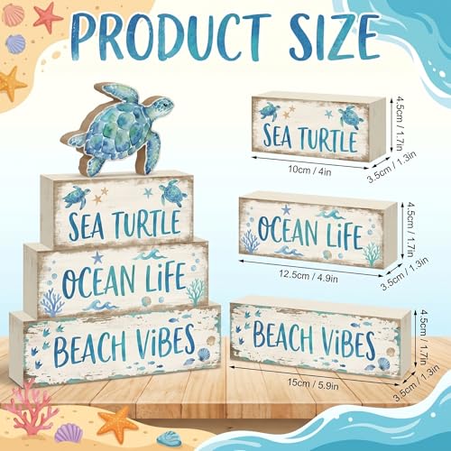 4 Pcs Summer Sea Turtle Bathroom Decor Summer Ocean Table Decorations Beach Tiered Tray Decor Coastal Wooden Signs Shelf Sitter Save The Sea Home Kitchen Office Decorations - style: Turtle